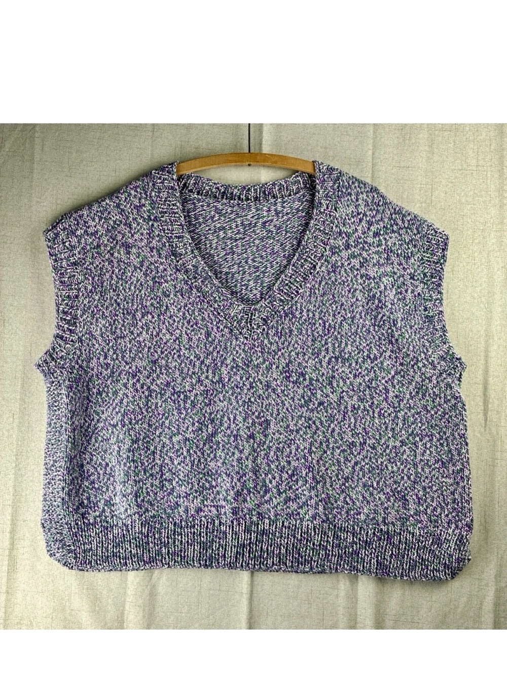 Chunky Knit Vest Cable Edges Handmade Purple Green White 2X 3X Boho Grandpa Boxy